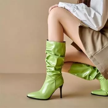ANNYMOLI Женские лакированные сапоги до колена с острым носком на тонком высоком каблуке, плиссированные длинные сапоги, женская модная обувь осень-зима 34 зелёный