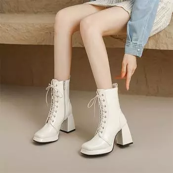 ANNYMOLI/женские полусапоги до щиколотки, армейские ботинки на платформе с квадратным носком, высоком каблуке и молнии, женская модная обувь, зимняя обувь 46 33 чёрный