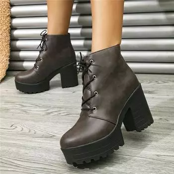 ANNYMOLI/женские полусапоги до щиколотки, армейские ботинки на толстом высоком каблуке с круглым носком и платформе со шнуровкой, женская модная обувь, осень-зима 43 33 чёрный