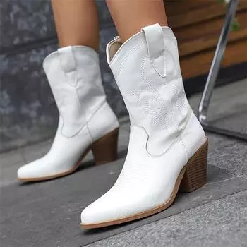 ANNYMOLI/женские полусапоги в стиле ковбой до щиколотки, ковбойские сапоги в стиле вестерн с круглым носком на толстом высоком каблуке и вышивкой, женская модная обувь, зима 46 34 чёрный