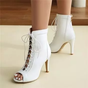 ANNYMOLI Женские сандалии с открытым носком, на шпильках, на молнии, со шнуровкой, сексуальный дизайн, джазовые танцевальные ботинки, женская модная обувь, летняя черная 46 33 белый