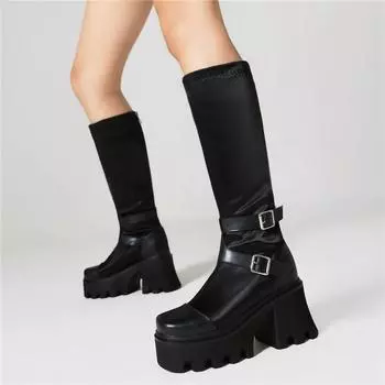 ANNYMOLI/женские сапоги до колена, ботинки Gogo с квадратным носком и платформой, на толстом высоком каблуке с пряжкой и молнией, женская модная зимняя обувь 43 34 чёрный