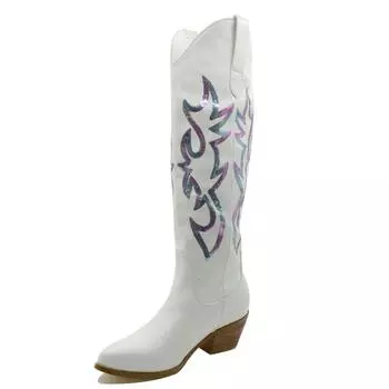 ANNYMOLI/женские сапоги до колена Gogo, блестящие высокие сапоги в стиле ковбой с круглым носком на толстом среднем каблуке, женская модная обувь, зима 44 36 белый