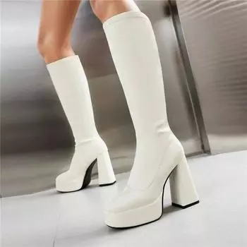 ANNYMOLI/женские сапоги до колена, с круглым носком, на толстом высоком каблуке, на платформе, сапоги Gogo, женская модная обувь, зимняя белая, коричневая, синяя 45 36 чёрный