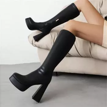 ANNYMOLI/женские сапоги до колена, с круглым носком, на платформе, на толстом высоком каблуке, на молнии, сапоги Gogo, женская модная зимняя обувь, белый цвет 43 34 чёрный
