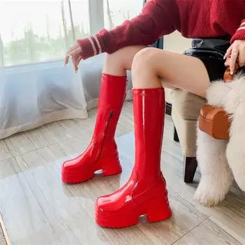 ANNYMOLI Женские сапоги до колена с круглым носком на платформе и толстом каблуке, модные женские ботинки Gogo на молнии, осень-зима 43 34 белый