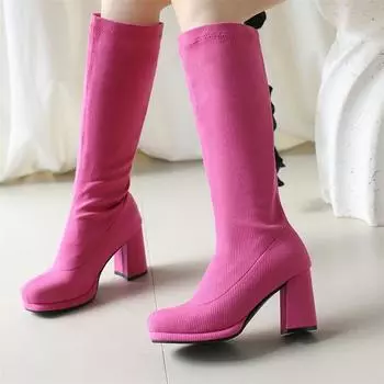 ANNYMOLI Женские сапоги до колена с круглым носком на платформе и толстом высоком каблуке, лаконичные эластичные сапоги Gogo, женская модная зимняя обувь, черный цвет 46 33 чёрный