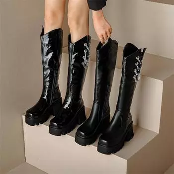 ANNYMOLI Женские сапоги до колена с круглым носком на платформе и толстом каблуке на молнии Ботинки Gogo с цепочкой Длинные сапоги Женская обувь Осень Зима 34 чёрный