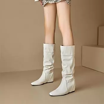 ANNYMOLI Женские сапоги до колена с квадратным носком, увеличивающие рост, на среднем каблуке, плиссированные длинные сапоги, женская модная обувь, осень-зима 46 34 белый