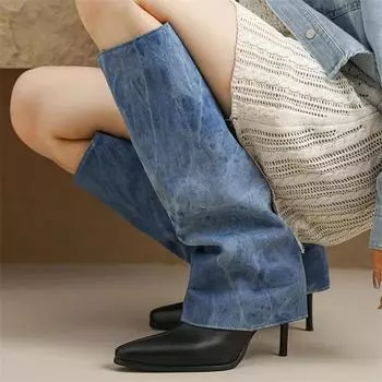 ANNYMOLI Женские сапоги до колена с острым носком на тонком высоком каблуке, разноцветные длинные ботинки, женская модная обувь, осень-зима, светло-голубые 46 34 светло-синий