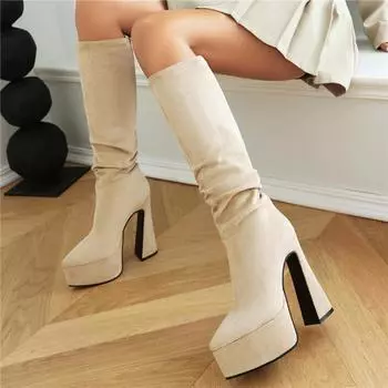 ANNYMOLI Женские сапоги до колена с острым носком на толстом высоком каблуке и платформе со складками Gogo Boots Женская модная зимняя обувь серого цвета 43 34 бежевый