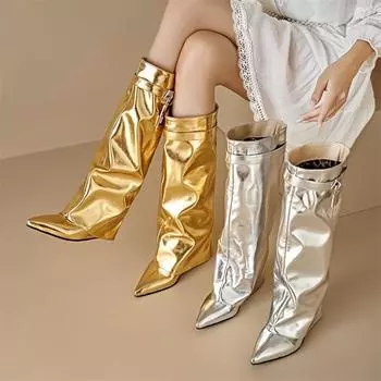 ANNYMOLI Женские сапоги до колена с острым носком на танкетке на высоком каблуке с металлическими украшениями Плиссированные металлические сапоги Женская модная обувь Осень-зима 34 золотой