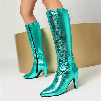 ANNYMOLI Женские сапоги до колена с острым носком и каблуком-рюмочкой, лаконичные длинные сапоги на молнии, женская модная обувь, осень-зима 46 35 синий