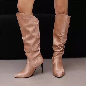 ANNYMOLI Женские сапоги до колена с острым носком на тонком высоком каблуке, плиссированные длинные сапоги, женская модная обувь осень-зима, черный цвет 46 34 чёрный