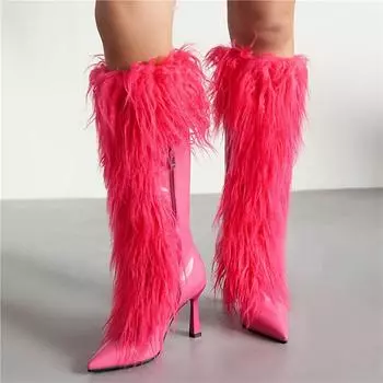 ANNYMOLI Женские сапоги до колена с острым носком на тонком высоком каблуке Длинные сапоги на молнии Женская модная обувь Осень-зима Розовые 46 33 чёрный