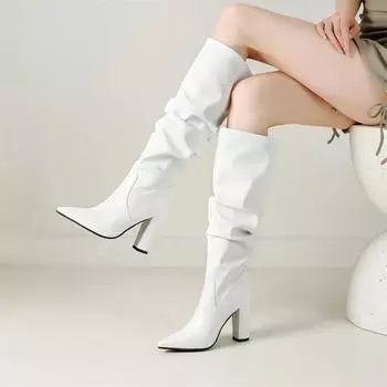 ANNYMOLI Женские сапоги до колена с острым носком на толстом высоком каблуке, плиссированные сапоги Gogo, женская модная обувь осень-зима, белый цвет 43 33 белый