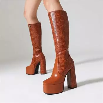 ANNYMOLI/женские сапоги до колена, сапоги Gogo на толстом высоком каблуке с квадратным носком и молнией, женская модная обувь, зимняя коричневая обувь 43 34 чёрный