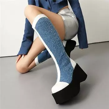 ANNYMOLI Женские сапоги до колена в ковбойском стиле с круглым носком, на плоской платформе, на высоком каблуке, с застежкой-молнией, на платформе, длинные сапоги в стиле вестерн, женская модная обувь, зимняя 43 34 белый