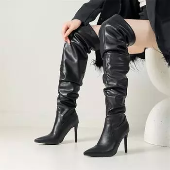 ANNYMOLI Женские сапоги выше колена с острым носком на тонком высоком каблуке, плиссированные длинные сапоги, женская модная обувь осень-зима, коричневый цвет 43 33 белый