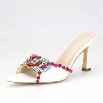 ANNYMOLI женские шлепанцы из искусственной кожи с острым носком на тонком высоком каблуке со стразами, пикантные тапочки, женская модная обувь, летняя белая обувь 41 36 белый