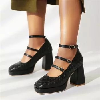 ANNYMOLI, женские туфли-лодочки Мэри Джейн с ремешком на щиколотке, туфли-лодочки Мэри Джейн с квадратным носком, туфли на высоком каблуке с пряжкой, перчатки, женская модная обувь, весна-осень 46 34 чёрный