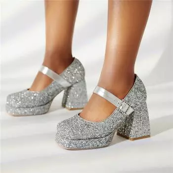 ANNYMOLI/женские туфли-лодочки Мэри Джейн с квадратным носком, на высоком толстом каблуке с пряжкой, блестящая женская модная обувь на платформе, весна-осень, розовые 46 34 золотой