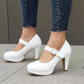 ANNYMOLI женские туфли-лодочки Мэри Джейн с круглым носком, на толстом высоком каблуке, с пряжкой и бусинами, перчатки-туфли, женская модная обувь, весенне-осенняя обувь белого цвета 46 34 белый