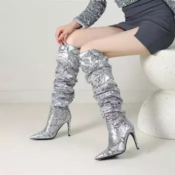 ANNYMOLI Женские высокие сапоги до бедра с острым носком на тонком высоком каблуке, плиссированные металлические сапоги, женская модная обувь осень-зима, золото 43 33 золотой
