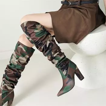 ANNYMOLI Женские высокие сапоги до бедра с острым носком на массивном высоком каблуке Плиссированные разноцветные сапоги Gogo Женская модная обувь Осень-зима 43 33 коричневый