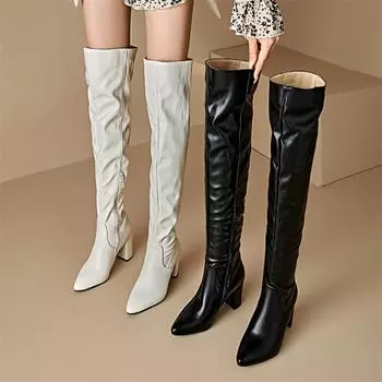 ANNYMOLI женские высокие сапоги до бедра с острым носком на толстом высоком каблуке с застежкой-молнией и складками, модная женская обувь осень-зима 46 33 белый
