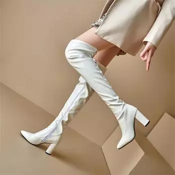 ANNYMOLI Женские высокие сапоги с острым носком и высоким каблуком на молнии. Модная женская обувь. Осень-зима. Черный, красный. 33 белый