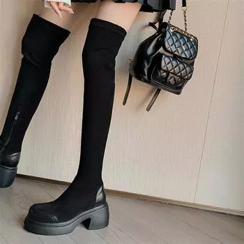 ANNYMOLI/женские высокие сапоги выше колена, с круглым носком, на толстом высоком каблуке, на молнии, на платформе, сапоги Gogo, женская модная обувь, зимняя черная обувь, 43 33 чёрный