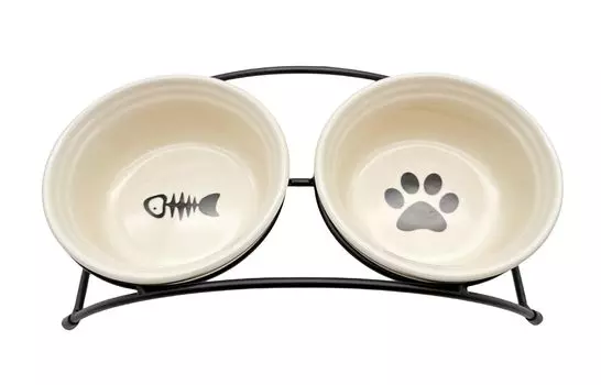 Ansimple Pet Dish Table Food Stand Bowl Set Pottery Ceramic Tableware Rice Container Meal Water Snack Rice Plate Water Container Easy to Eat Dog Cat