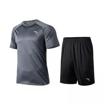 Anta Breathable Running Training Quick-Dry Shorts Short Sleeve Casual Sports Set Men sets Gray Black 952222201-5 XS