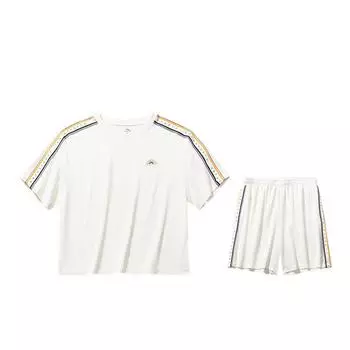 Anta Color Block Breathable Versatile Short Sleeve T-Shirt And Mid Waist Shorts Casual Set Women sets Ivory 962528205-1 XL