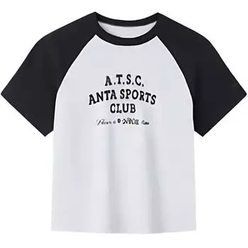 Anta Color Block Knitted Vintage Short Sleeve T-Shirt Women Tops Gray-Floral-Gray Basic-Black 162428140-2 S