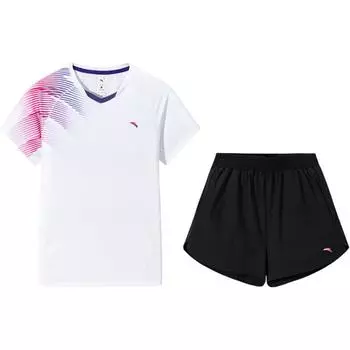 Anta Color Block V-Neck Soft Comfortable Breathable Short Sleeve T-Shirt And Mid Waist Shorts Casual Set Women sets 962537207-1 XS