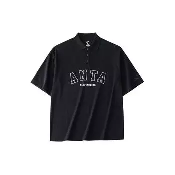 Anta Comfortable Breathable Letter Polo Sports Short Sleeve T-Shirt Unisex Tops Basic-Black 952428111-4 XL