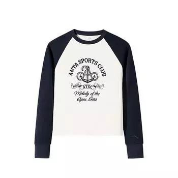 Anta Comfortable Breathable Patchwork Letter Round Neck Long Sleeve T-Shirt Women Tops Warm-Jade-White Su-Ma-Blue 162518402-1