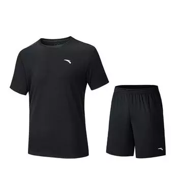 Anta Comfortable Breathable Solid Color Round Neck Short Sleeve T-Shirt And Mid Waist Shorts Casual Sports Set Men sets Basic-Black 952527202-5 S