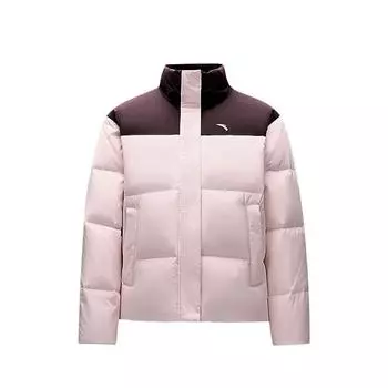 Anta Comfortable Casual Color Block Stand Collar Zipper Warm Down Jacket Women outerwear Ebony-Brown Winter-Pink 962447907-3 M