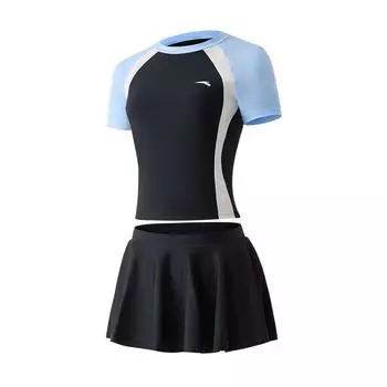 Anta Comfortable Color Block Short Sleeve Top Round Neck Simple Versatile Skirt Style Split Swimwear Women swimwear Gray Blue 1825332478-3 3XL
