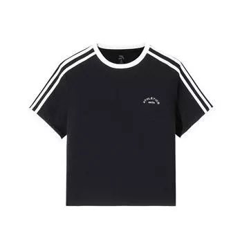 Anta Comfortable Simple Round Neck Striped Versatile Thin Breathable Short Sleeve T-Shirt Women Tops Basic-Black 162527174-3 XL