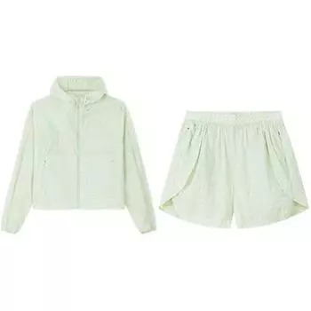 Anta Full Print Zip Hooded Jacket And Mid Waist Straight Leg Shorts Casual Set Women sets Fairy-Bud-Green 162423207-2 L