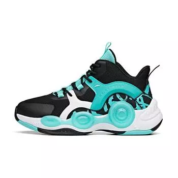 Anta Kids Asymmetrical Fabric Shock Absorbing Non-Slip Durable Breathable Mid-Top Basketball Shoes Kids Basketball Shoes Black Green A312131101-1 36