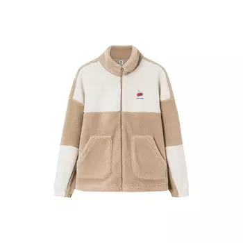 Anta Letter Color Block Zipper Stand Collar Thick Long Sleeve Fleece Jacket Women jackets Khaki Stone-White 962348724-2 XL
