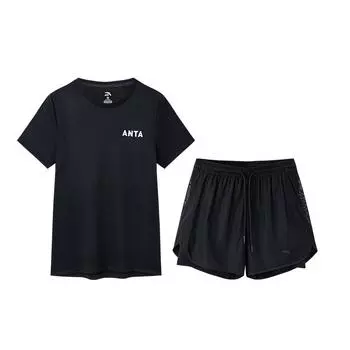 Anta Letter, круглый вырез, короткий рукав, топ и завязанные шорты с высокой талией, повседневный комплект, женские комплекты, базовый-черный 962327202-3 S