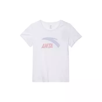 Anta Letter Logo Print Round Neck Short Sleeve T-Shirt Women T-Shirts Pure-White 962428119-4 XS