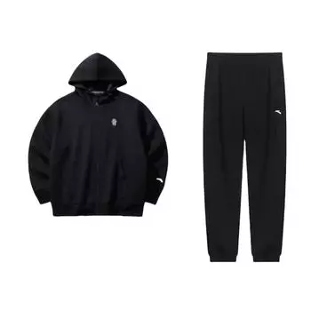 Anta Lettered Hooded Drop Shoulder Loose Long Sleeve Elastic Waist Long Pants Sweatshirt Set Men sweatshirt set Black 952337309-1+172441715S-2 S