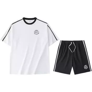 Anta Lifestyle Series Letter Stripe Round Neck Short Sleeve T-Shirt Mid Waist Straight Leg Shorts Casual Sports Set Men sets 952428201-1 L